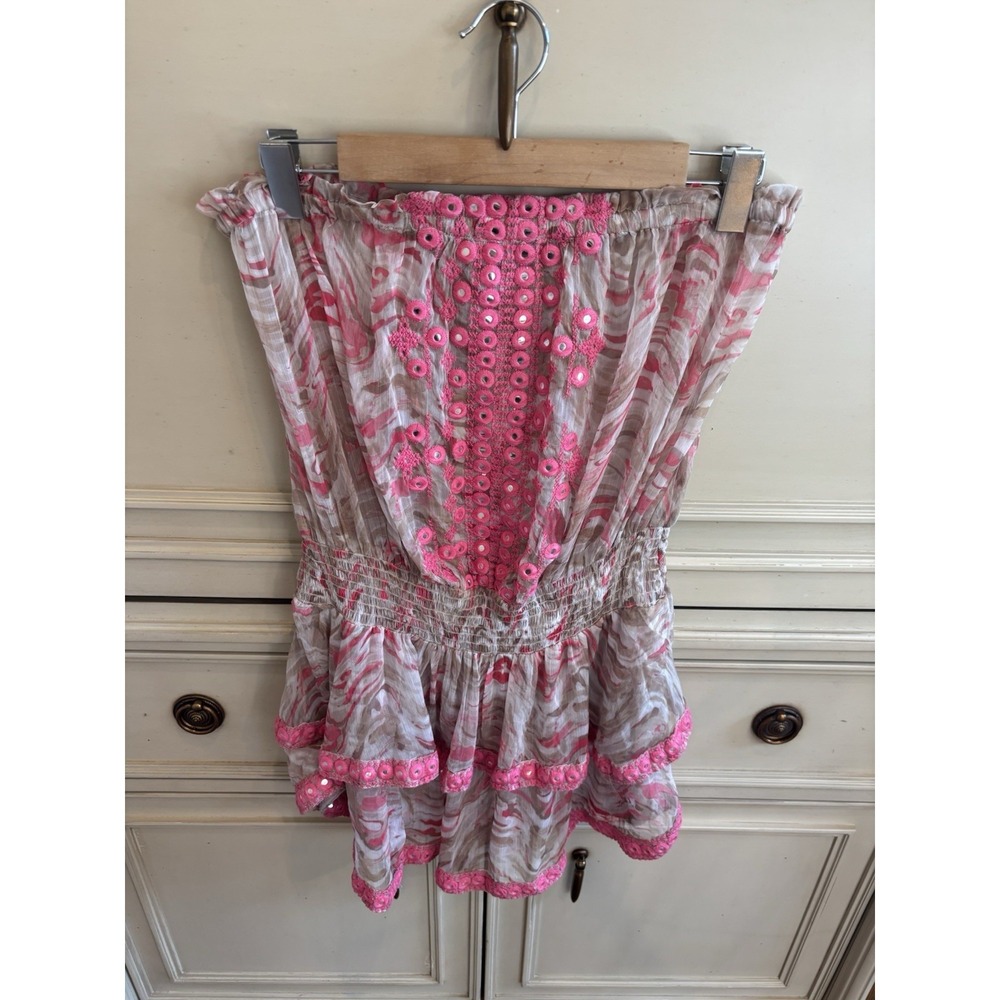Ramy Brook Mick Tiered Cover Up Strapless Dress Beige Pink Medium NWT $295‎ - Picture 2 of 8